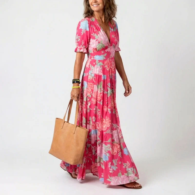 Ayla - Women's Pleated Floral Short Sleeve Maxi Dress