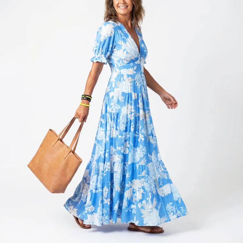Ayla - Women's Pleated Floral Short Sleeve Maxi Dress - Image 3