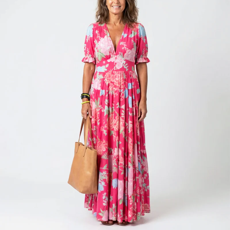 Ayla - Women's Pleated Floral Short Sleeve Maxi Dress - Image 4