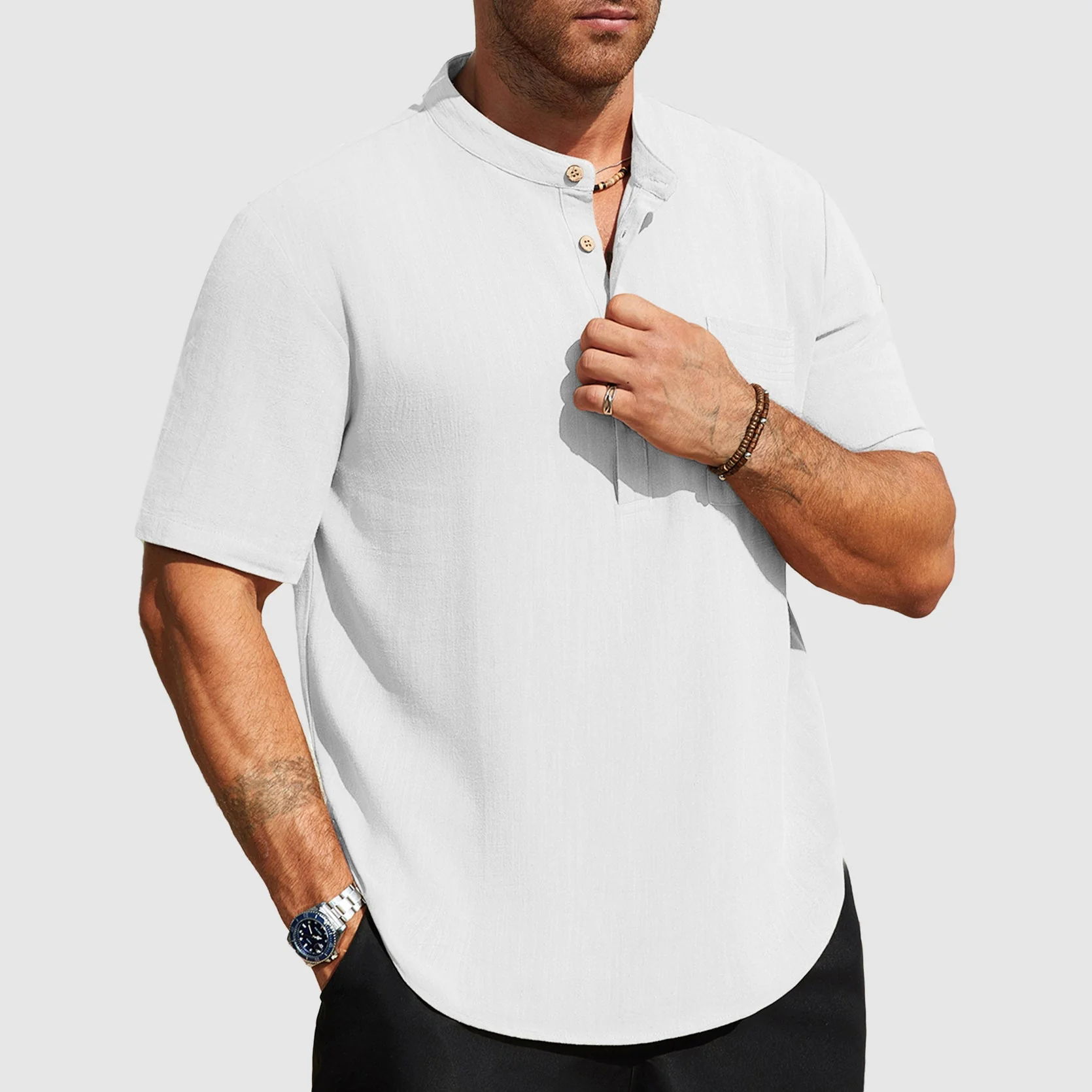 Blake - Men's Linen-Blend Short Sleeve Henley Shirt - Image 2