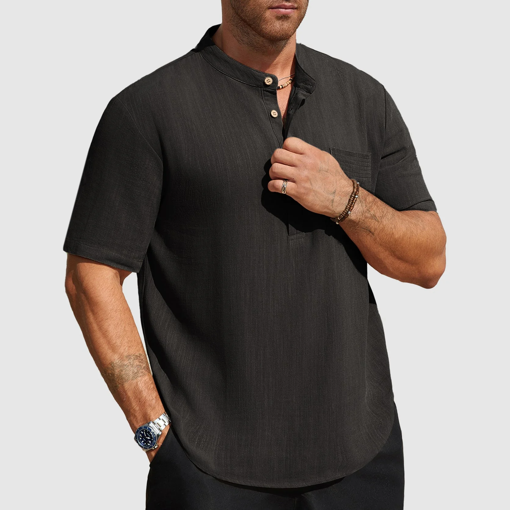 Blake - Men's Linen-Blend Short Sleeve Henley Shirt - Image 3