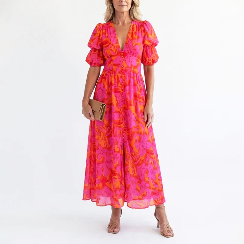 Brooke - Women’s Puff Sleeve Floral Flowing Midi Dress