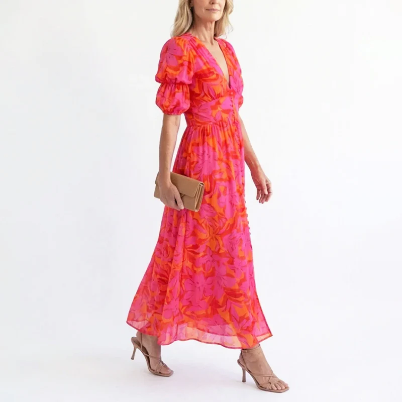 Brooke - Women’s Puff Sleeve Floral Flowing Midi Dress - Image 2