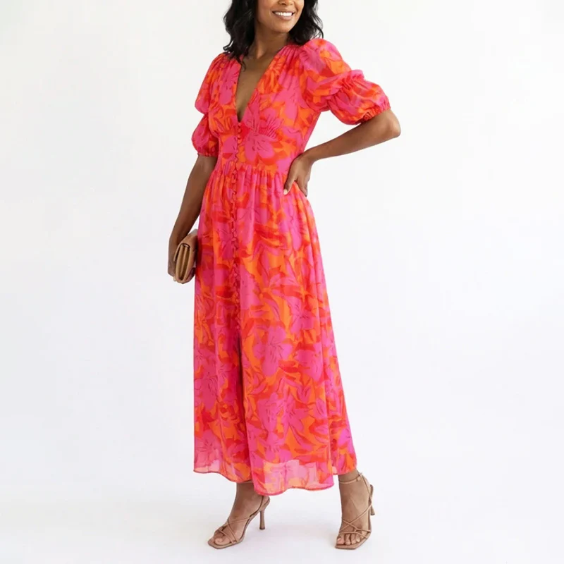 Brooke - Women’s Puff Sleeve Floral Flowing Midi Dress - Image 4