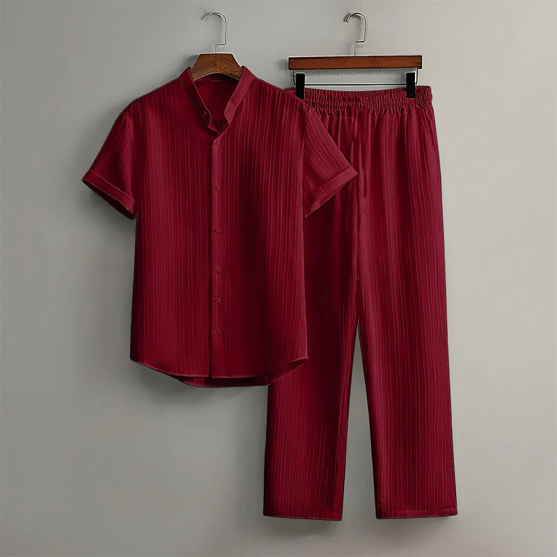 Callum - Men's Textured Short Sleeve Shirt and Pants Set - Image 3