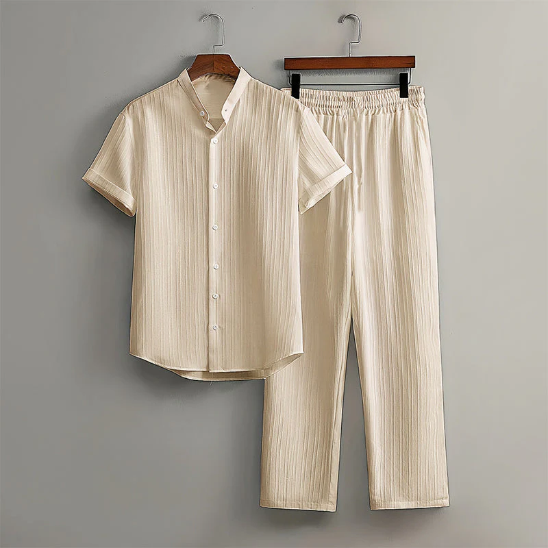 Callum - Men's Textured Short Sleeve Shirt and Pants Set - Image 4