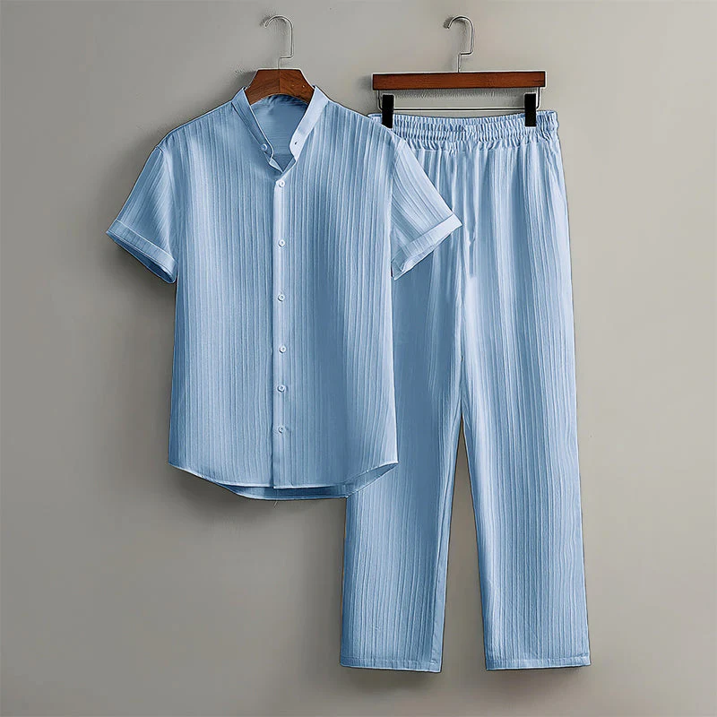 Callum - Men's Textured Short Sleeve Shirt and Pants Set - Image 5