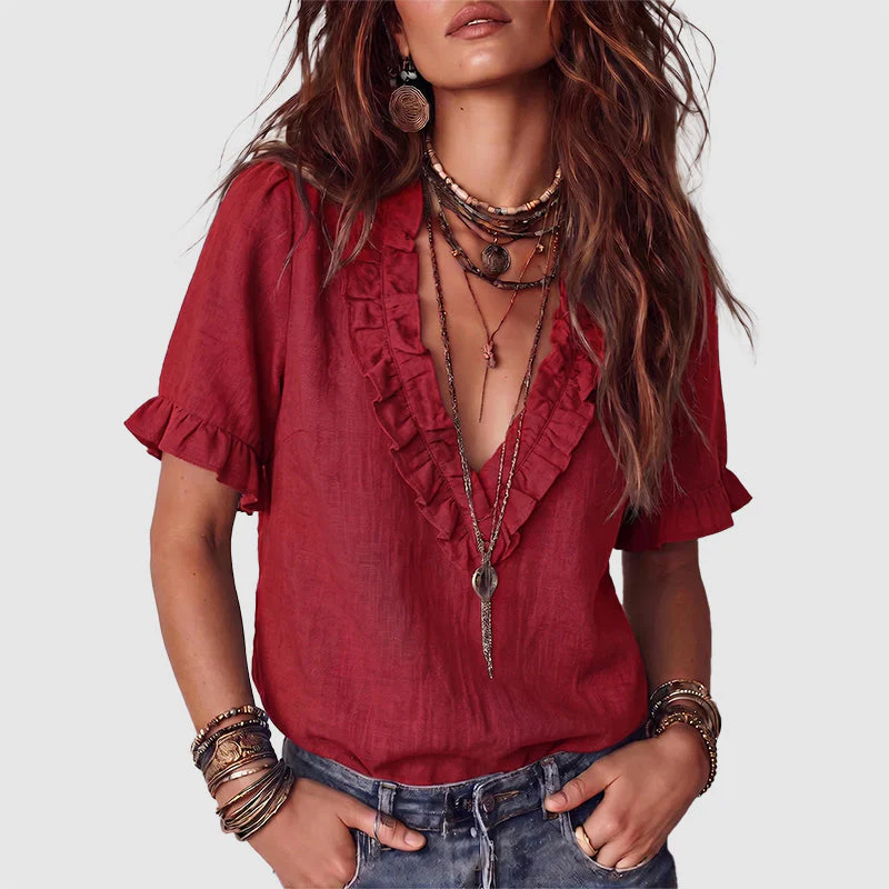 Chloe - Women's Linen Ruffle Blouse - Image 3