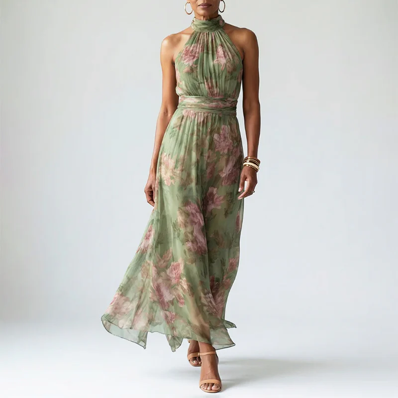 Clara - Women's Gathered Halter Floral Maxi Dress - Image 4