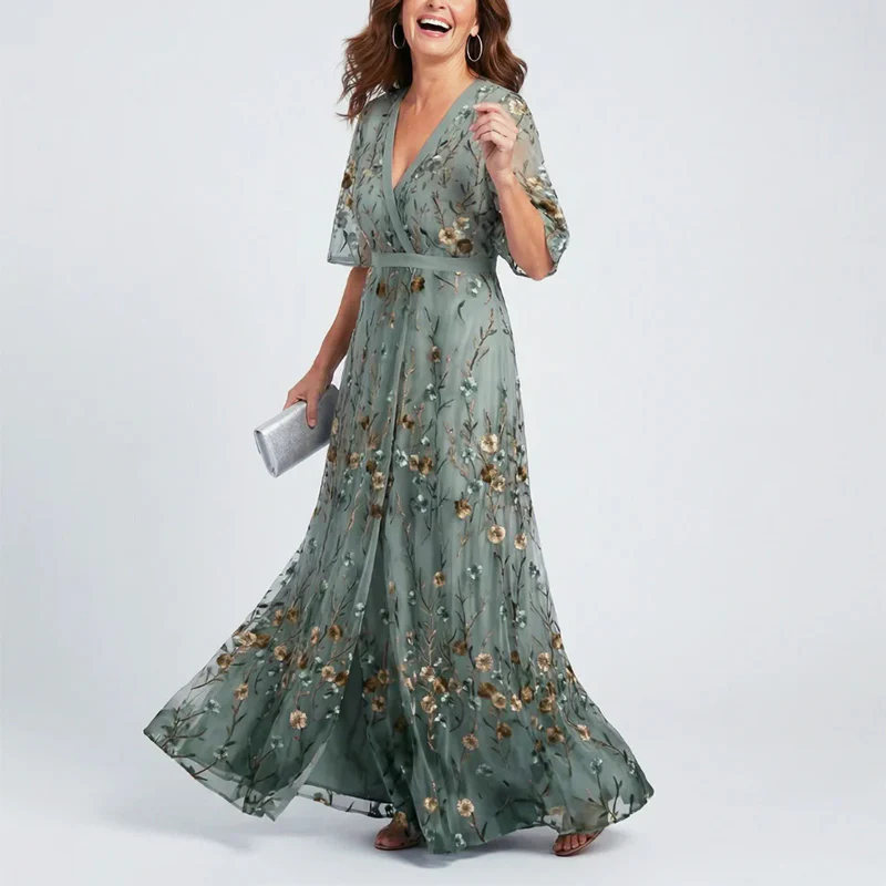 Daphne - Women’s Sheer Floral V-Neck Evening Dress