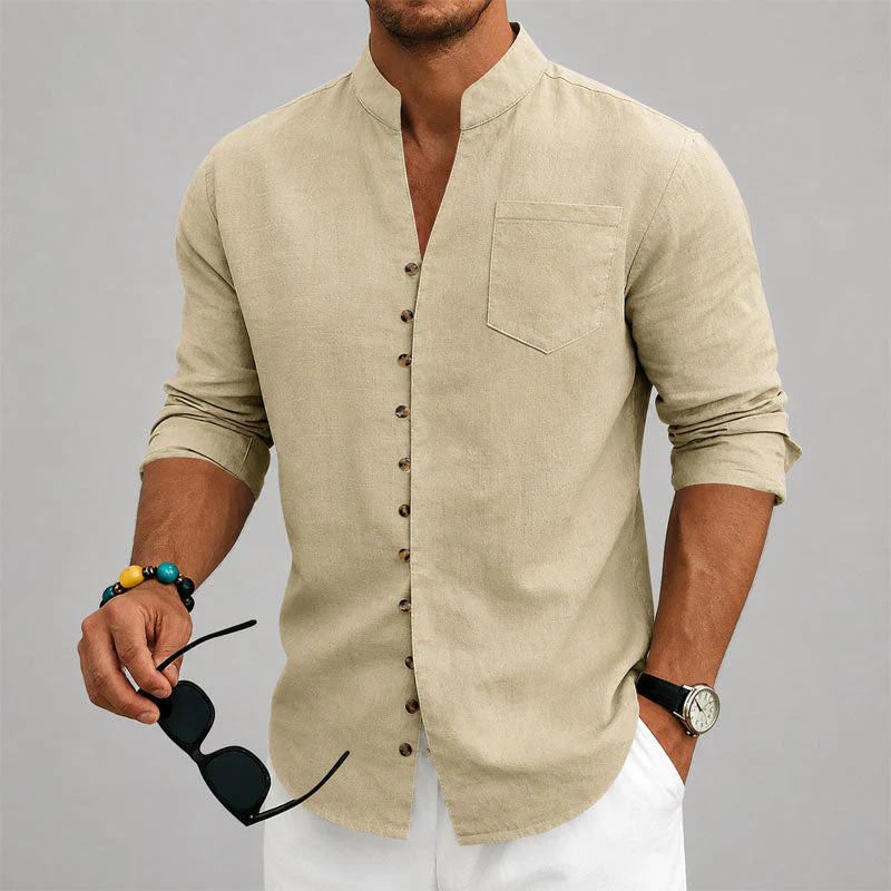 Dustin - Men's Mandarin Collar Button-Up Linen Shirt - Image 2
