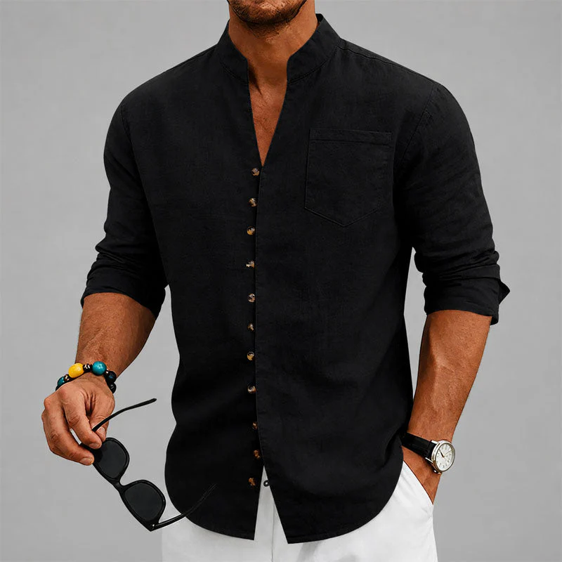 Dustin - Men's Mandarin Collar Button-Up Linen Shirt - Image 3