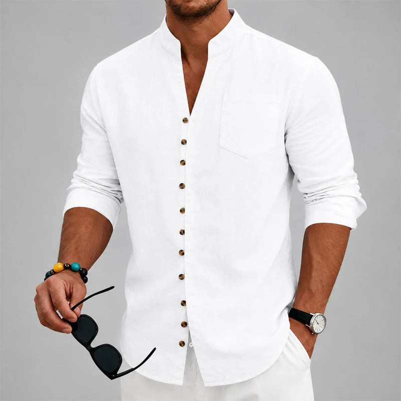 Dustin - Men's Mandarin Collar Button-Up Linen Shirt - Image 4