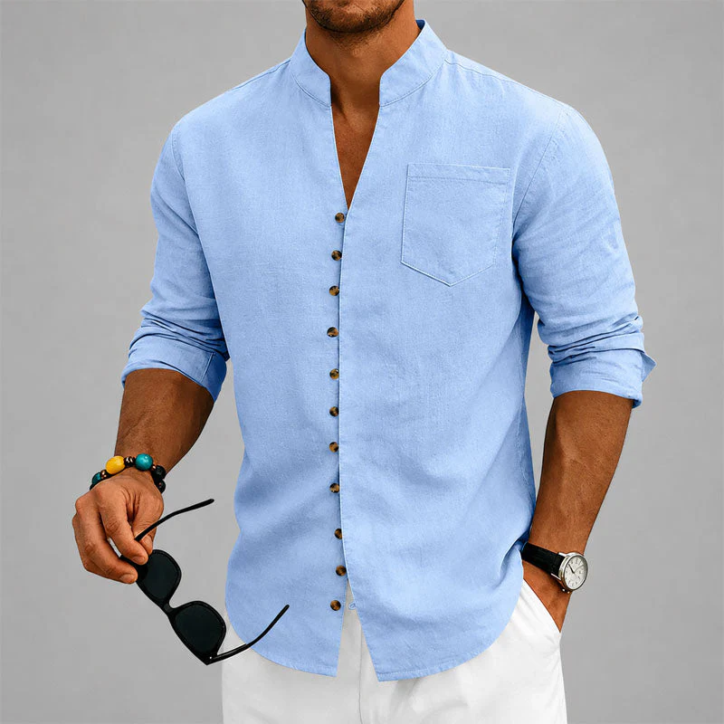 Dustin - Men's Mandarin Collar Button-Up Linen Shirt - Image 5