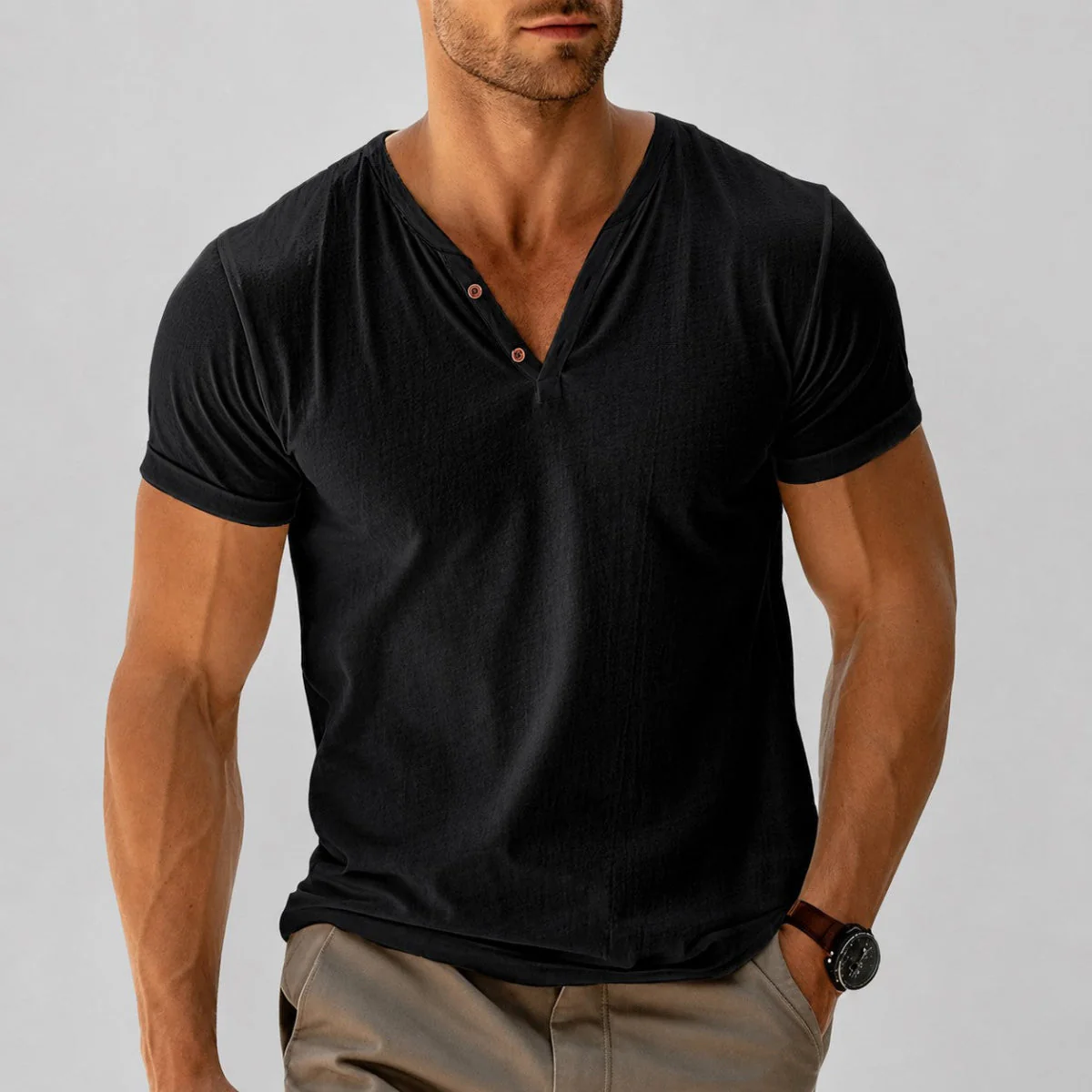 Dylan - Men's V-Neck Button Short Sleeve T-Shirt - Image 2