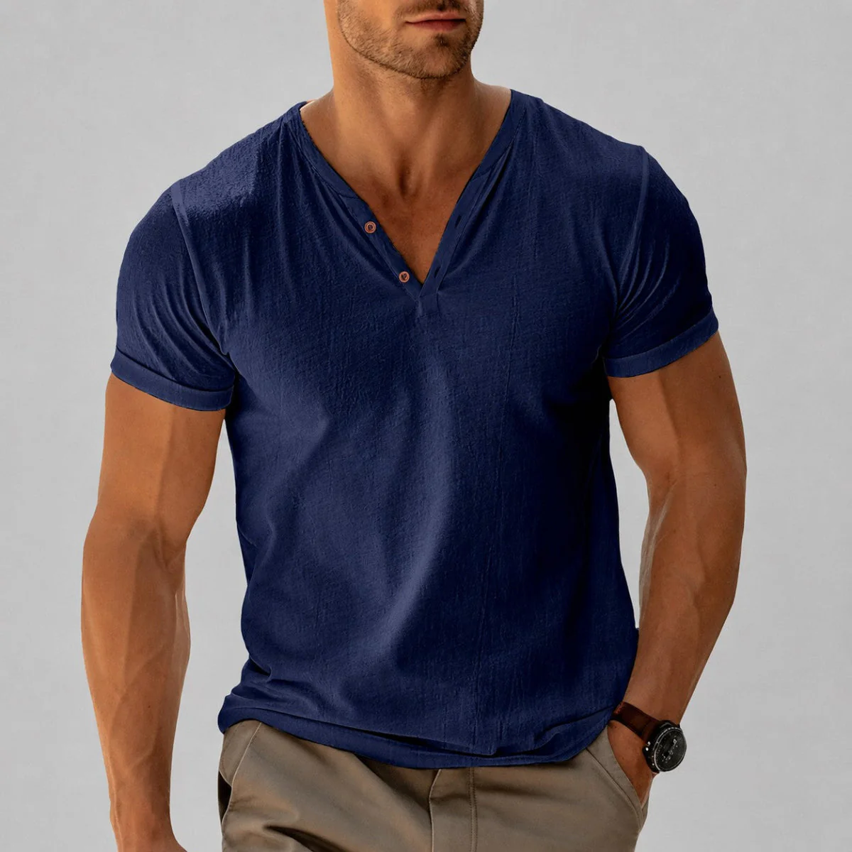 Dylan - Men's V-Neck Button Short Sleeve T-Shirt - Image 3