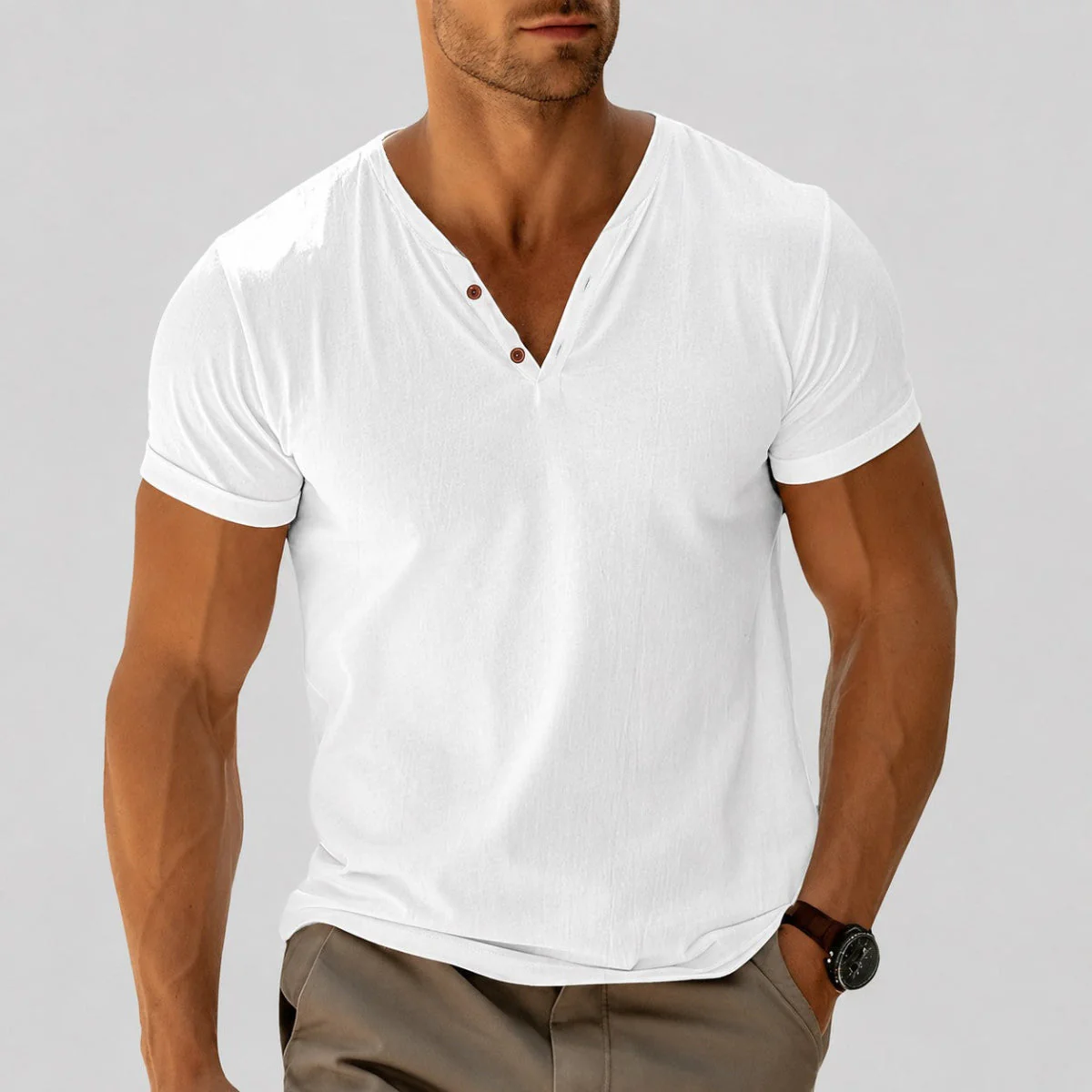 Dylan - Men's V-Neck Button Short Sleeve T-Shirt - Image 4