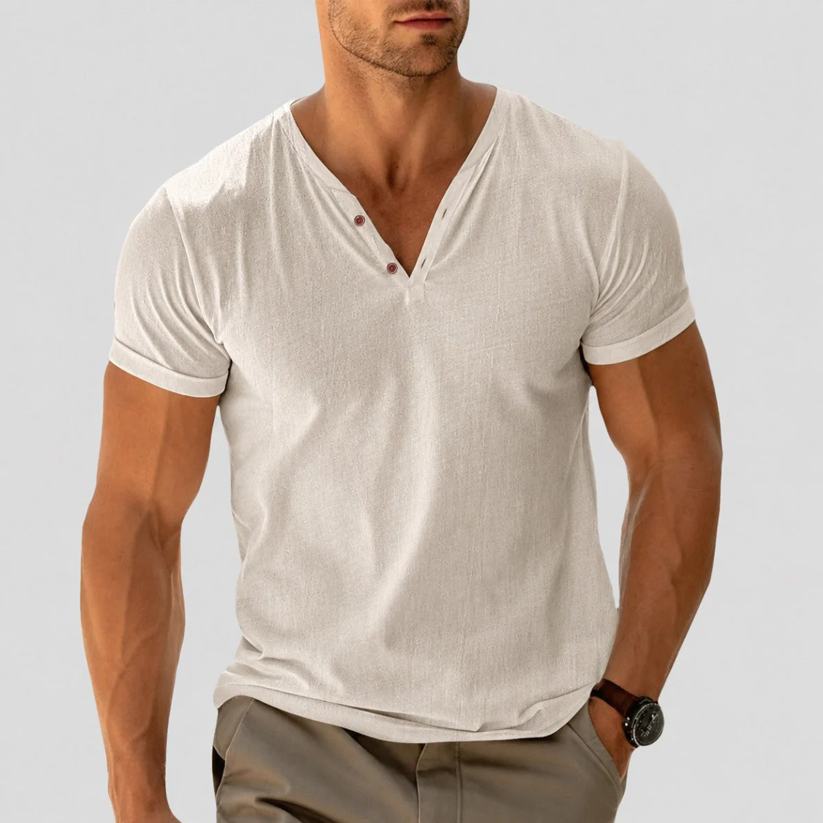Dylan - Men's V-Neck Button Short Sleeve T-Shirt - Image 5