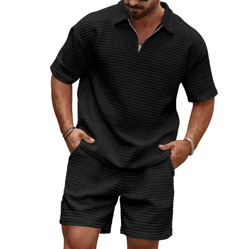 Ethan - Men's Waffle Knit Polo T-Shirt and Shorts Set - Image 5