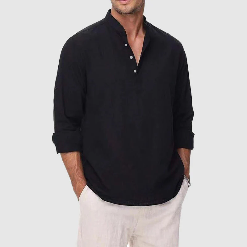 Garrett - Men's Cotton Linen Henley Long Sleeve Shirt - Image 2