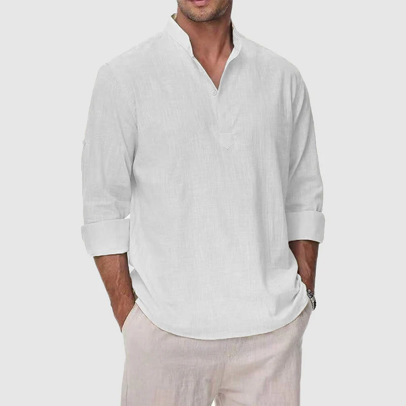Garrett - Men's Cotton Linen Henley Long Sleeve Shirt - Image 3