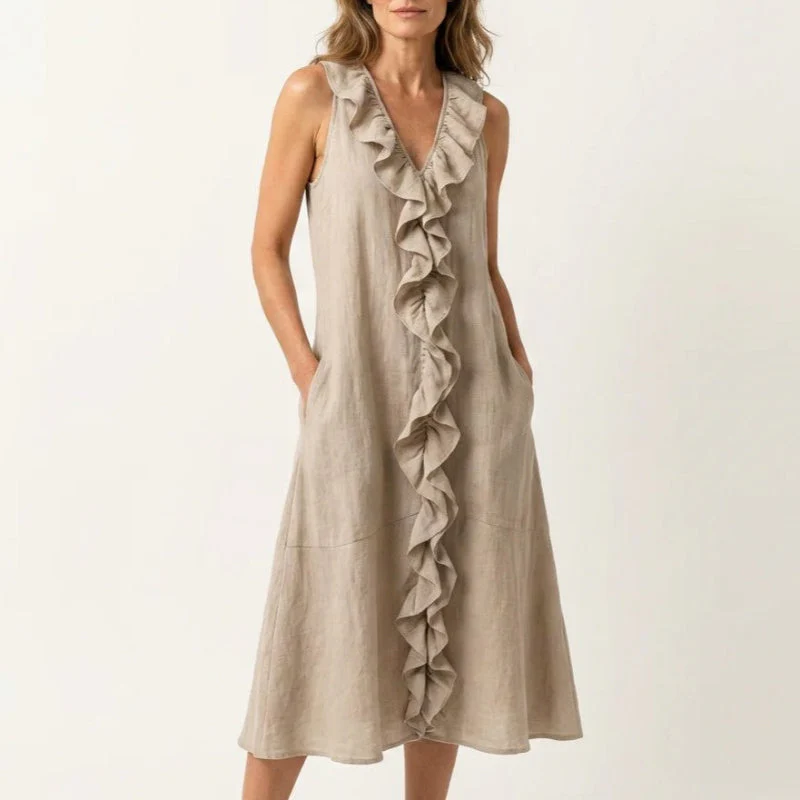 Hazel - Women's Bohemian Linen Midi Dress