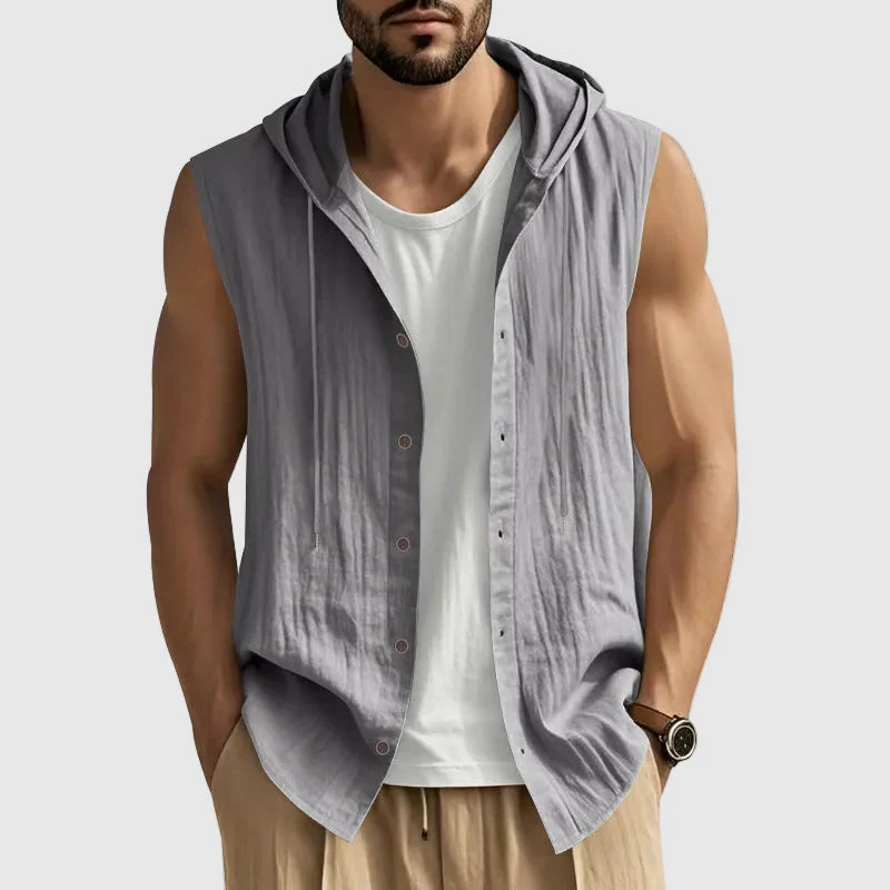 John - Men's Sleeveless Hooded Button-Up Vest Shirt