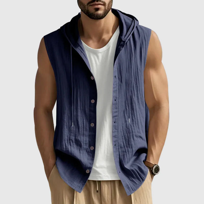 John - Men's Sleeveless Hooded Button-Up Vest Shirt - Image 2