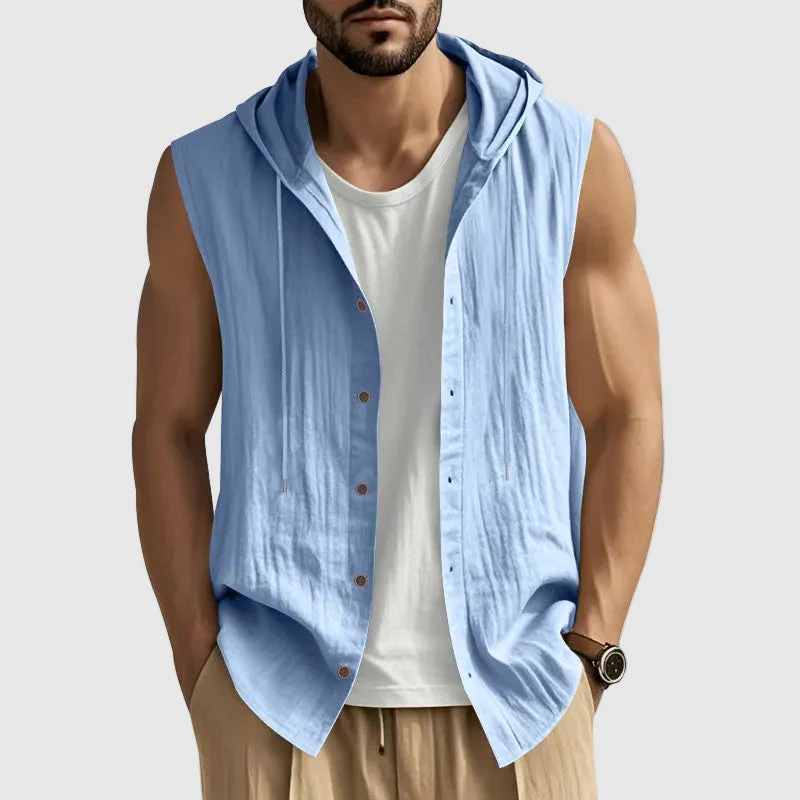 John - Men's Sleeveless Hooded Button-Up Vest Shirt - Image 3