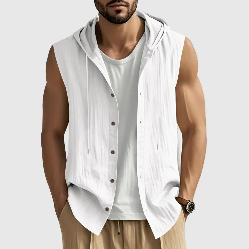 John - Men's Sleeveless Hooded Button-Up Vest Shirt - Image 4