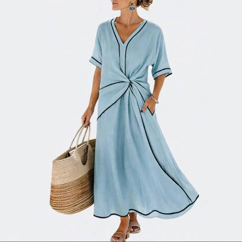 Lauren - Women's V-Neck Knot Front Midi Dress - Image 3