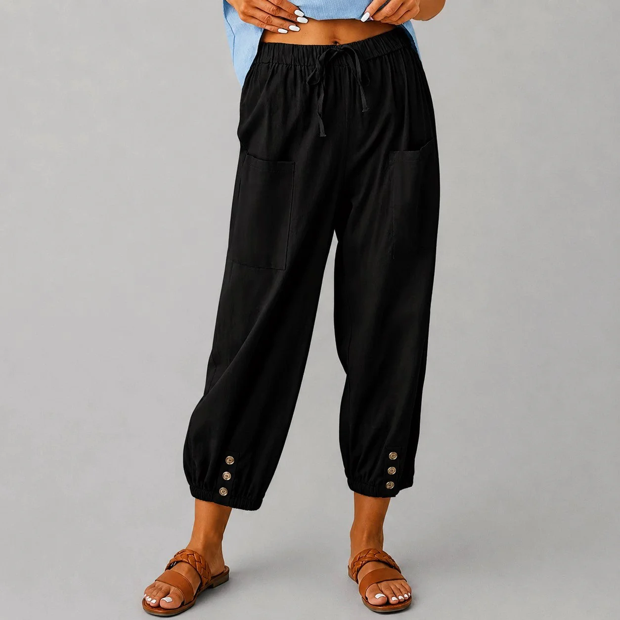 Margaret - Women's Drawstring Button Cuff Linen Pants - Image 3