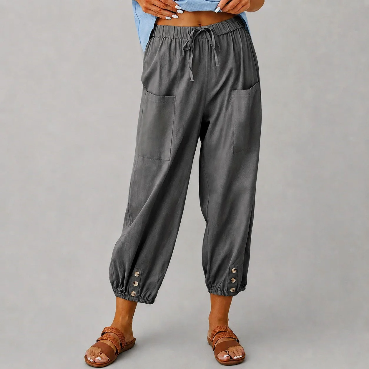 Margaret - Women's Drawstring Button Cuff Linen Pants - Image 4