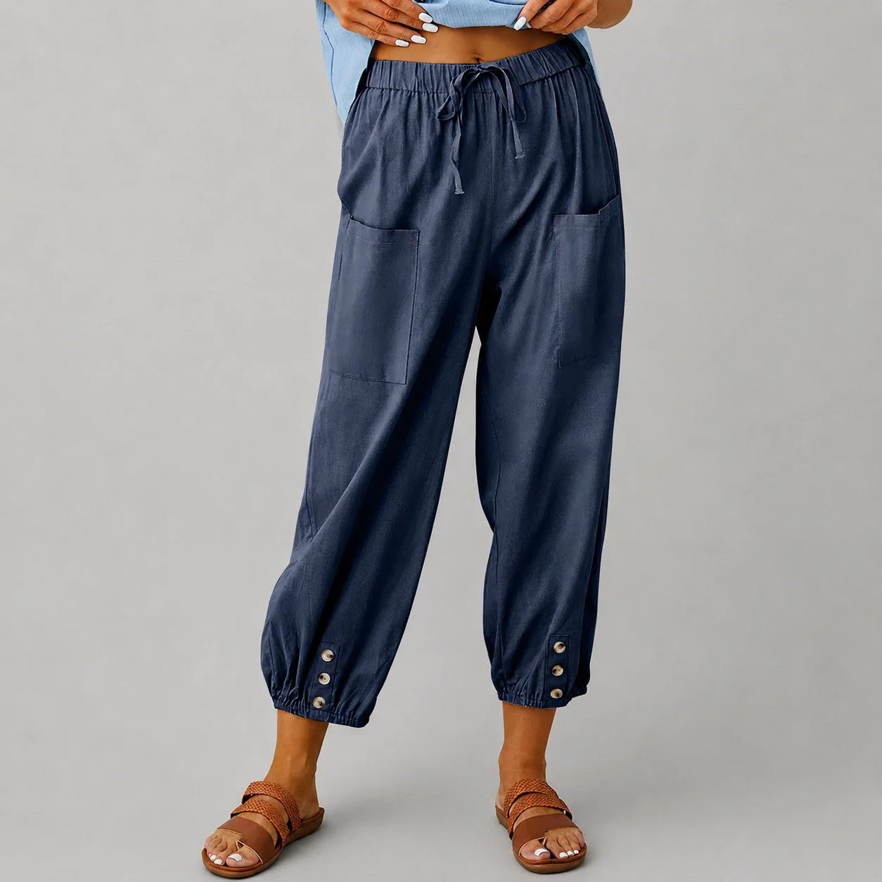 Margaret - Women's Drawstring Button Cuff Linen Pants - Image 5