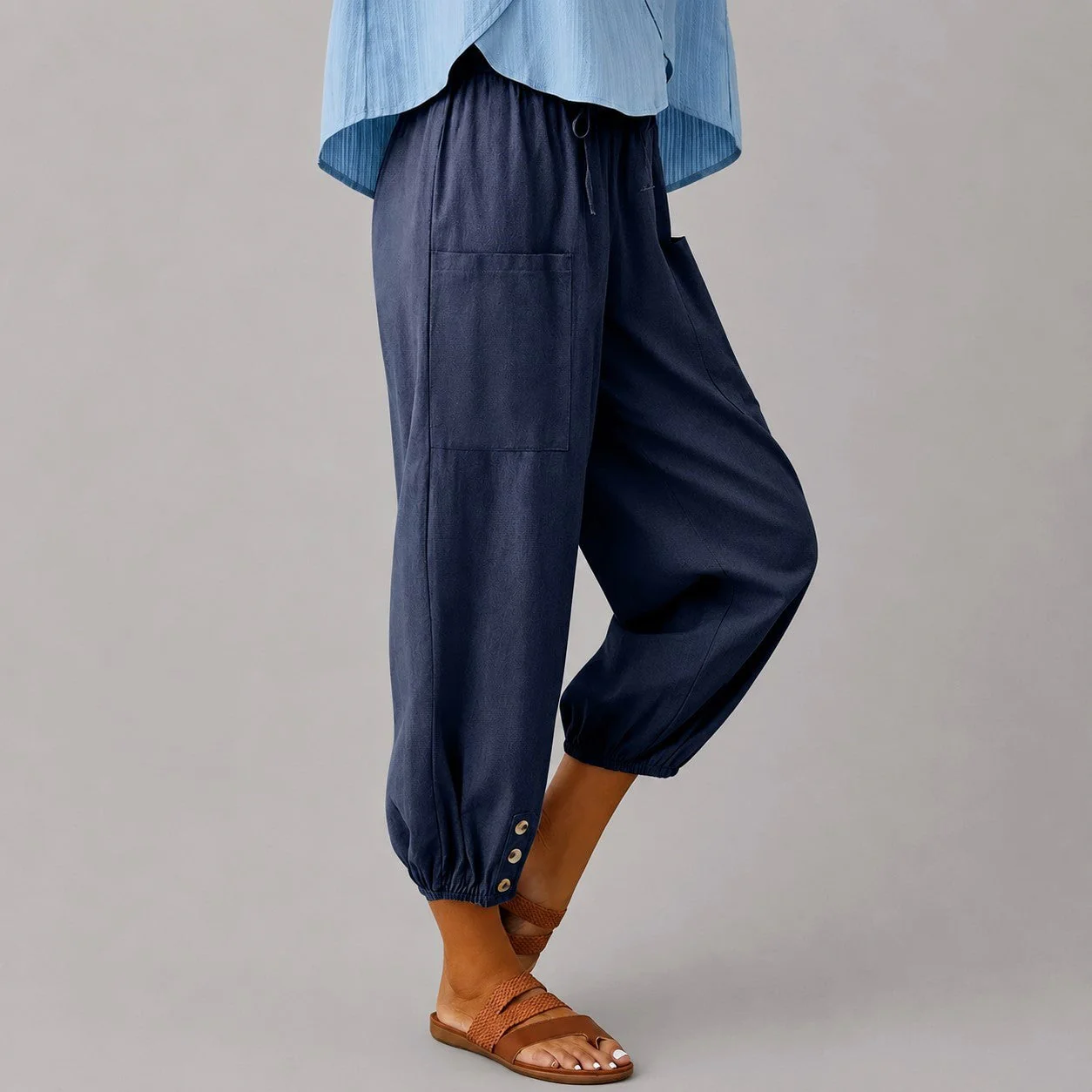Margaret - Women's Drawstring Button Cuff Linen Pants - Image 6