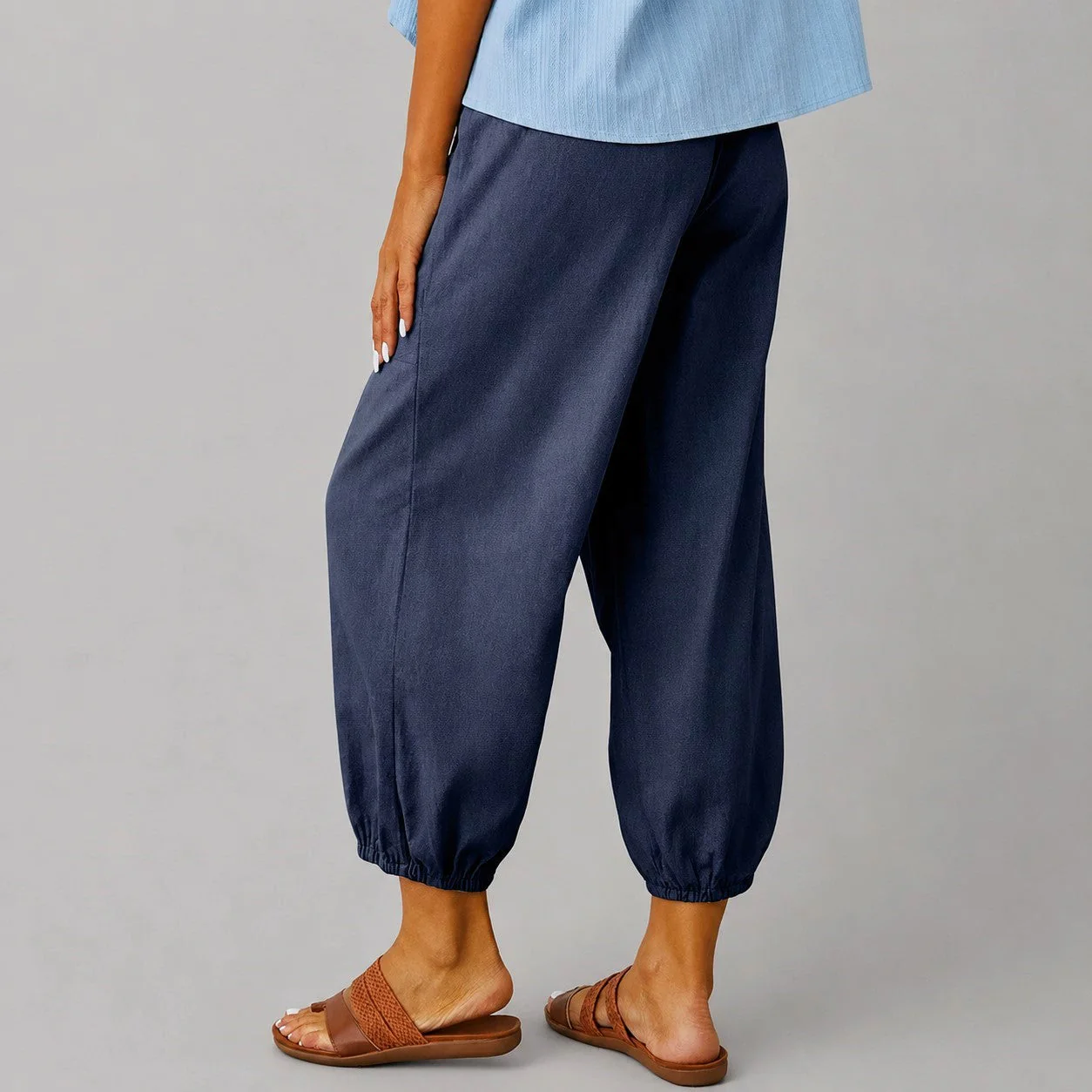 Margaret - Women's Drawstring Button Cuff Linen Pants - Image 7