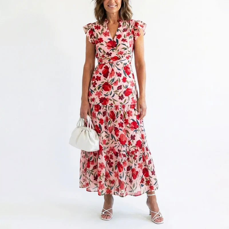 Margot - Women’s Floral V-Neck Ruffle Sleeve Dress