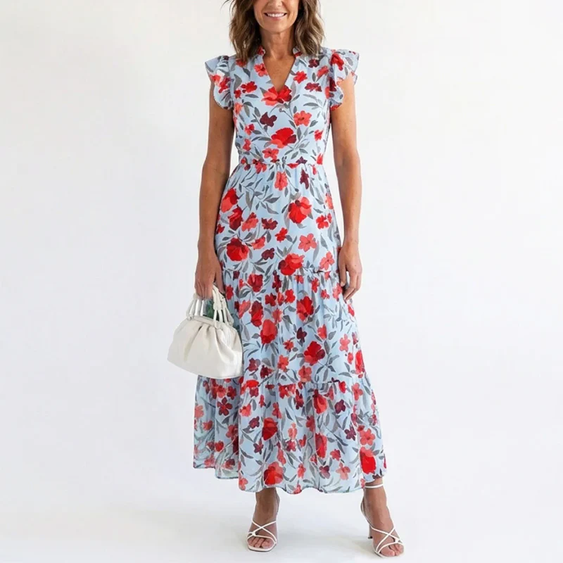 Margot - Women’s Floral V-Neck Ruffle Sleeve Dress - Image 2