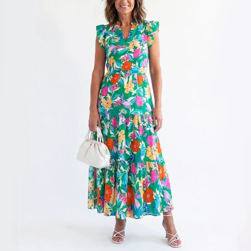 Margot - Women’s Floral V-Neck Ruffle Sleeve Dress - Image 3