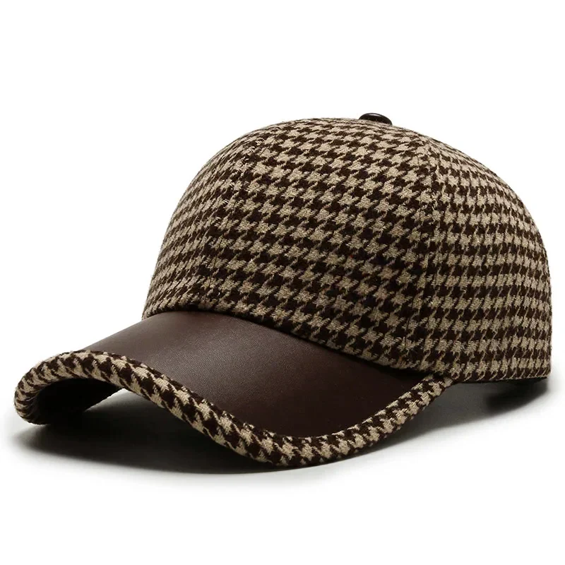 Men’s Houndstooth Cap with Faux Leather Detailing - Image 2