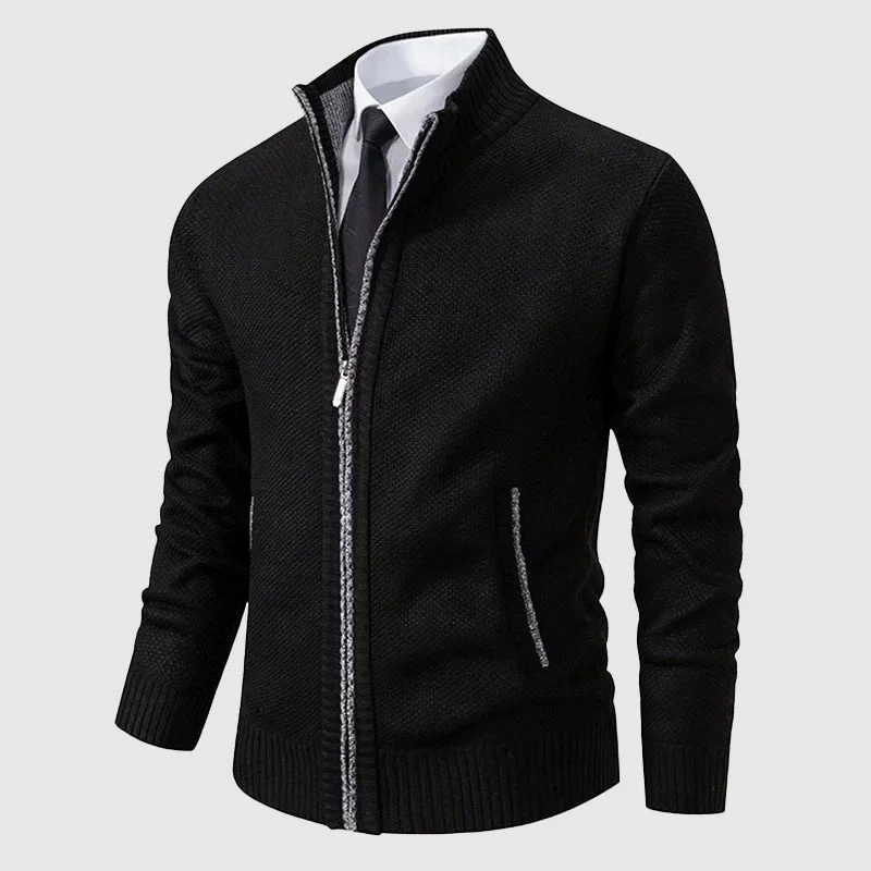 Men’s Zip-Up Knit Cardigan with Stand Collar and Pockets