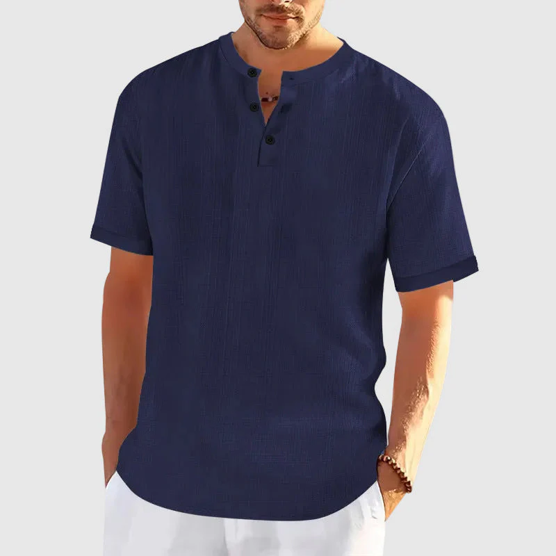 Michael - Men's Casual Textured Henley Short Sleeve Shirt - Image 3