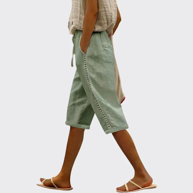 Michelle - Women's Lace Trim Drawstring Linen Shorts - Image 2