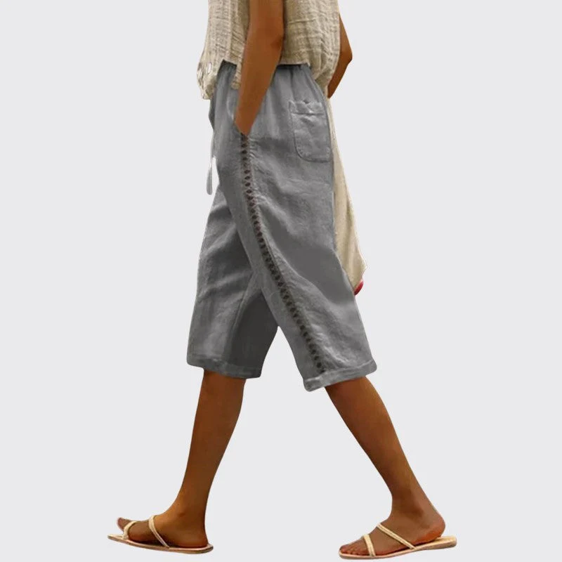 Michelle - Women's Lace Trim Drawstring Linen Shorts - Image 3