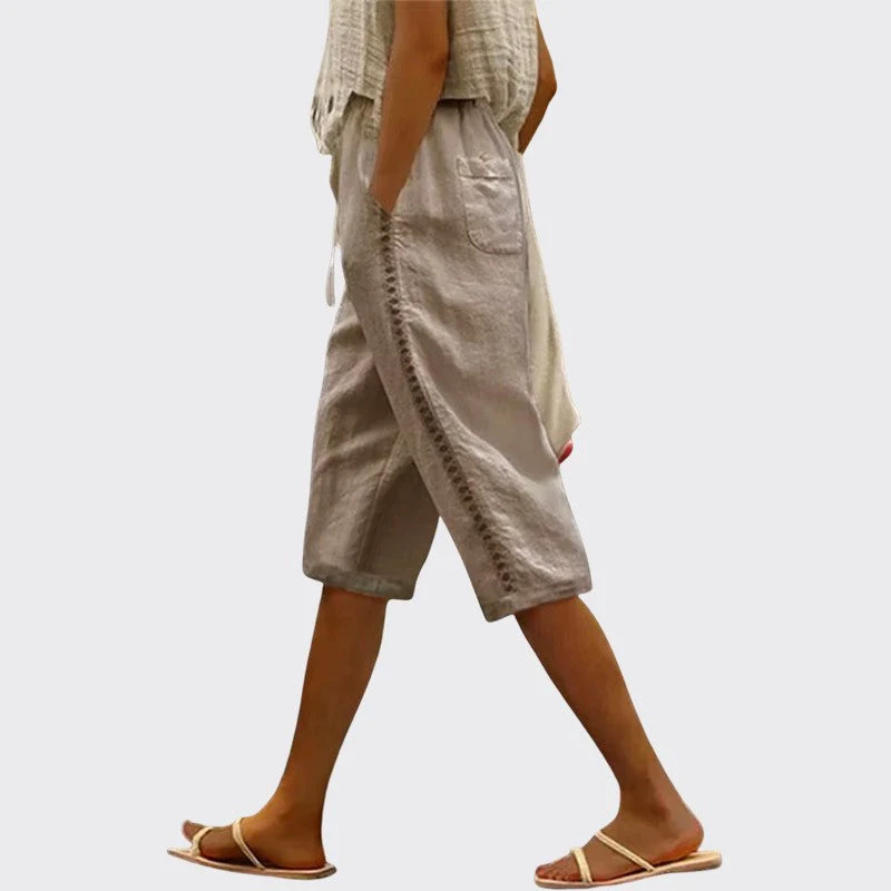 Michelle - Women's Lace Trim Drawstring Linen Shorts - Image 4