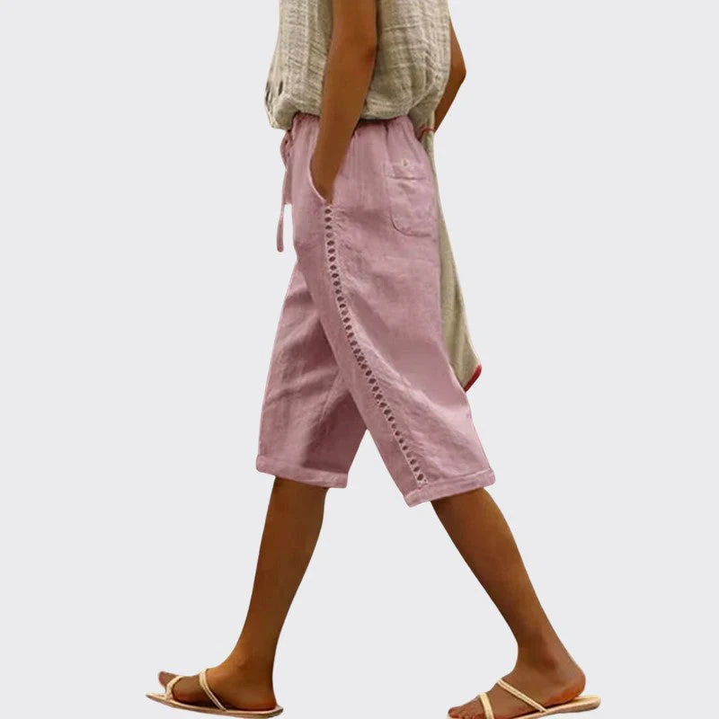 Michelle - Women's Lace Trim Drawstring Linen Shorts - Image 5