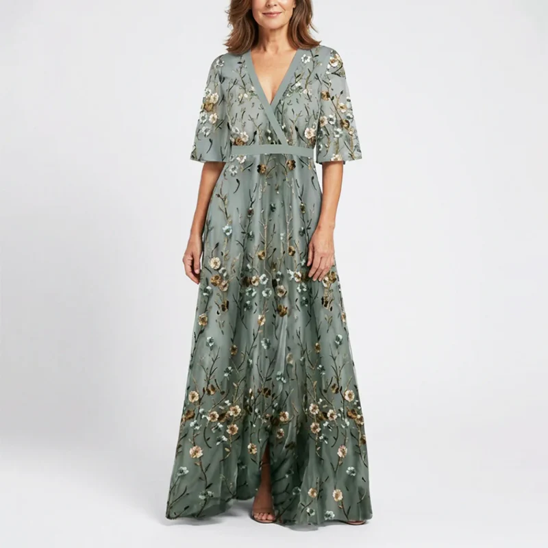 Millie - Women’s Embroidered Floral V-Neck Maxi Dress