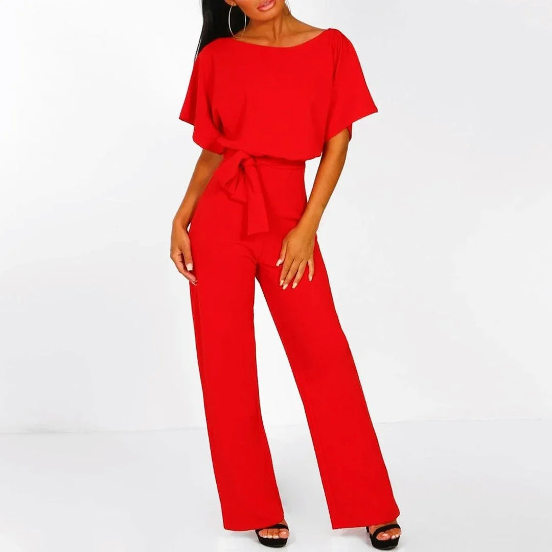 Samantha - Women's Short Sleeve Belted Wide Leg Jumpsuit - Image 2