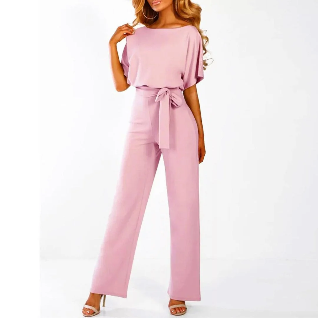 Samantha - Women's Short Sleeve Belted Wide Leg Jumpsuit - Image 3