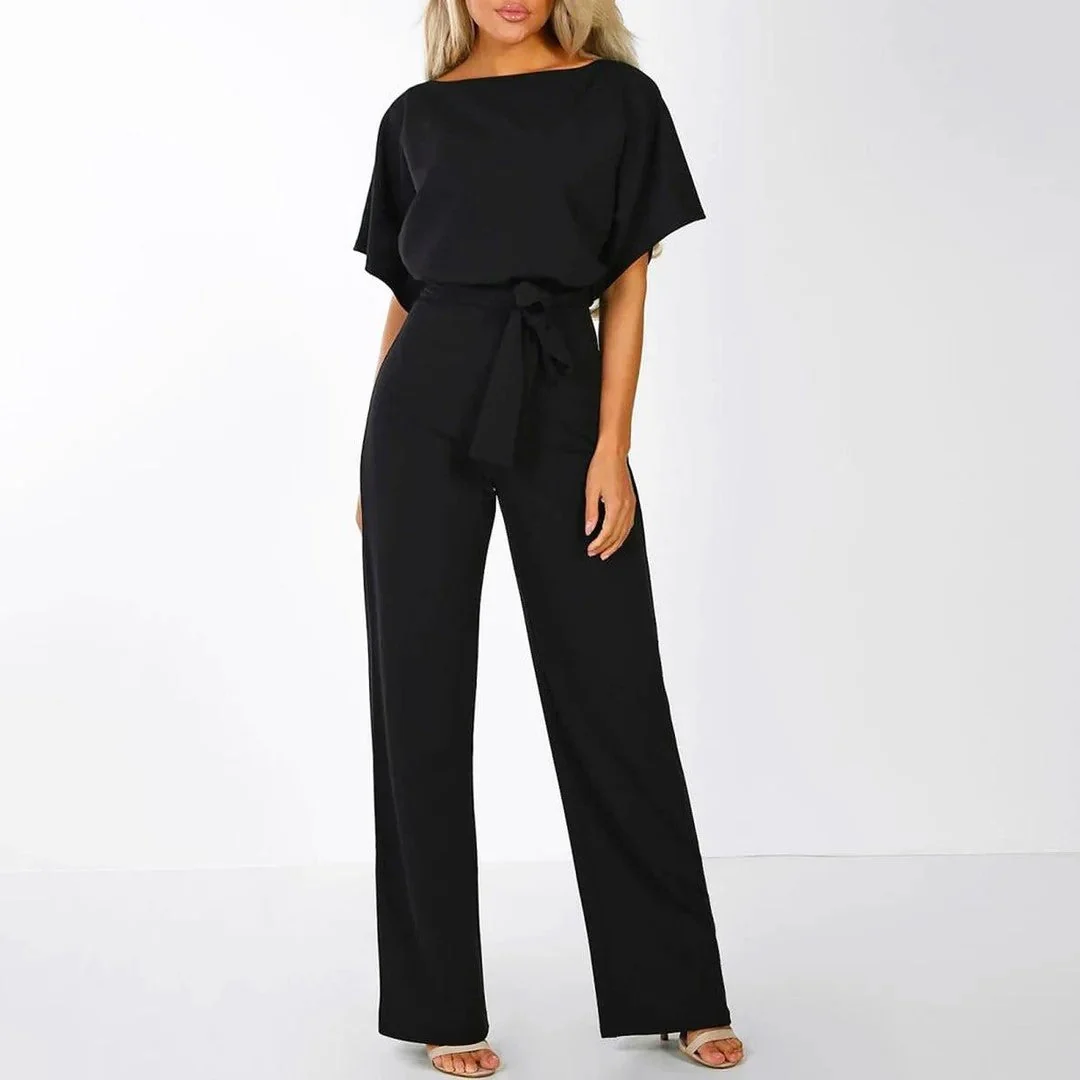 Samantha - Women's Short Sleeve Belted Wide Leg Jumpsuit - Image 4